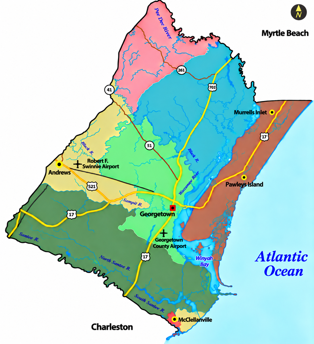 Illustrated map of Georgetown County, South Carolina, showing Georgetown, Pawleys Island, Murrells Inlet, Andrews, and McClellanville